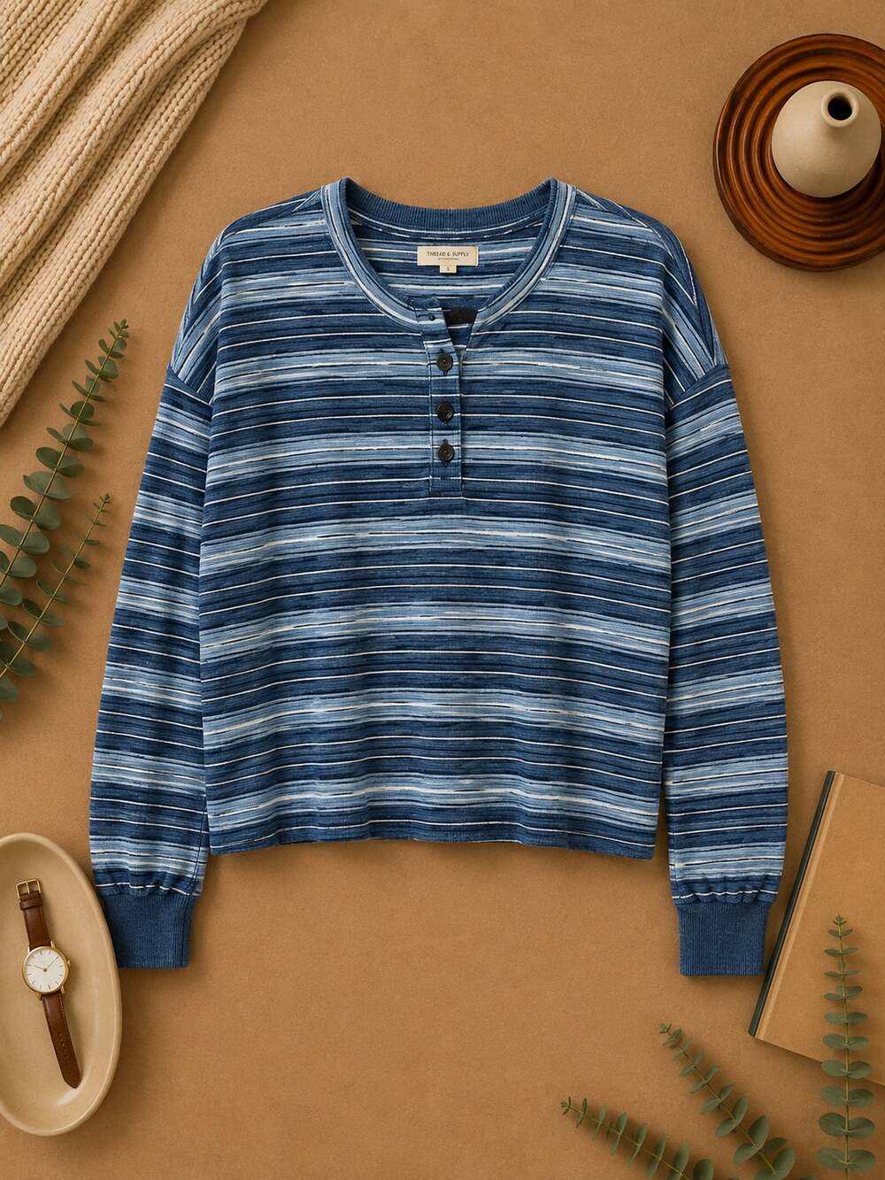 Madewell Roster Henley Tee Indigo Stripe Cotton Relaxed Drop Sleeve Coastal SZ S